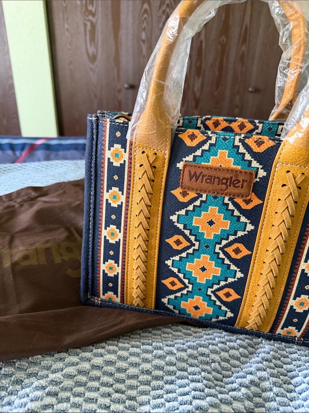 Wrangler Turquoise & Mustard Geometric Satchel with Tan Trim